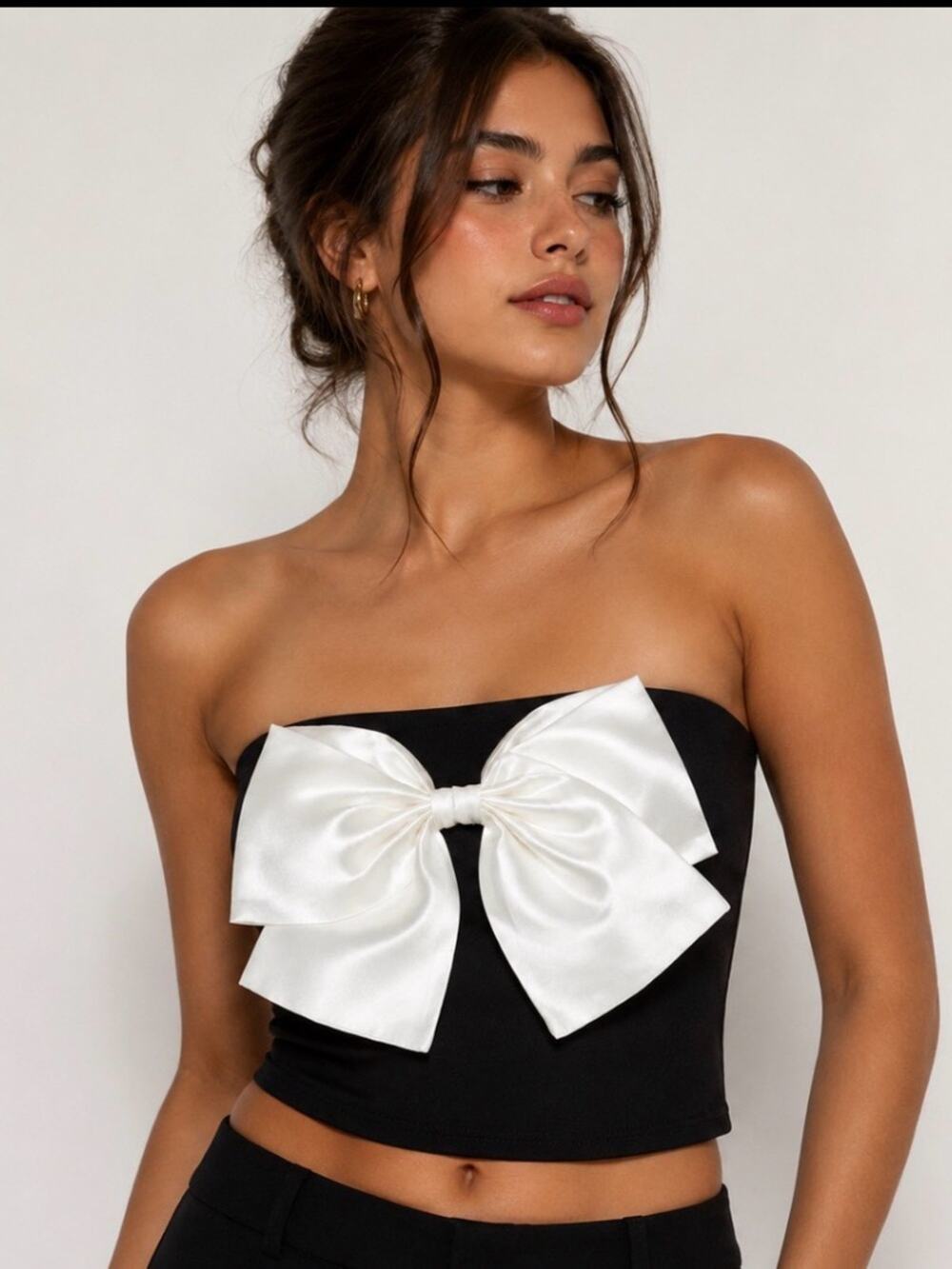 Black Strapless Bow Front Crop Top | Oversized Satin Bow Size medium